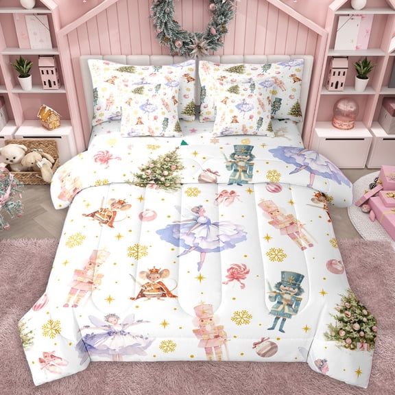 Homewish Dance Ballet Girl Twin Bedding Sets 7-Piece for Child Kids Teens,Cartoon Nutcracker Bedding Comforter Set Microfiber,Merry Christmas Xmas Breathable Sheet Sets,Super Cozy Room Decor