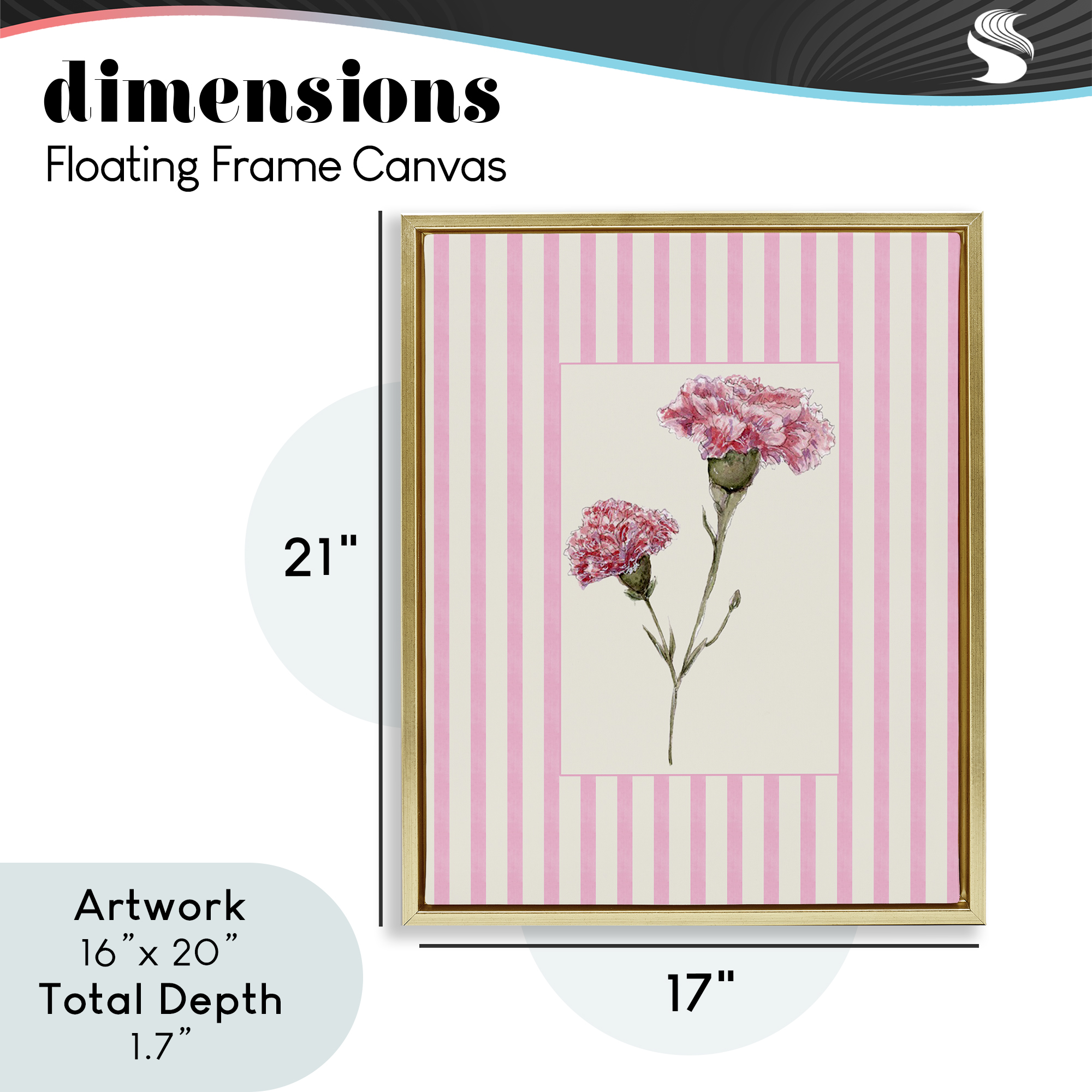 Pink Stripe Carnation Gold Framed Floater Canvas Wall Art, design by Lisa Wehmeyer