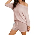 thumbnail image 4 of 2 PCS Off Shoulder Women's Outfits Sweater Sets Knit Top Shorts Matching Suits Cute Pajama Lounge Set, 4 of 6