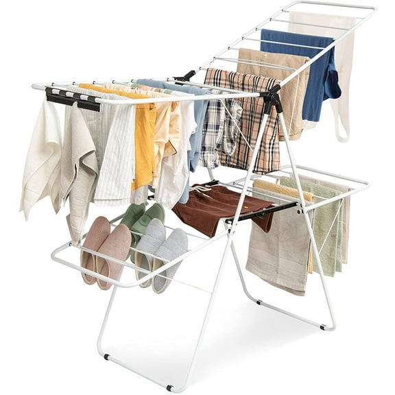 Tangkula Clothes Drying Rack, 2-Level Folding Drying Rack for Indoor Outdoor Use, Foldable Drying Rack Clothing w/Height-Adjustable Gullwing, 33 Drying Rails, Sock Clips