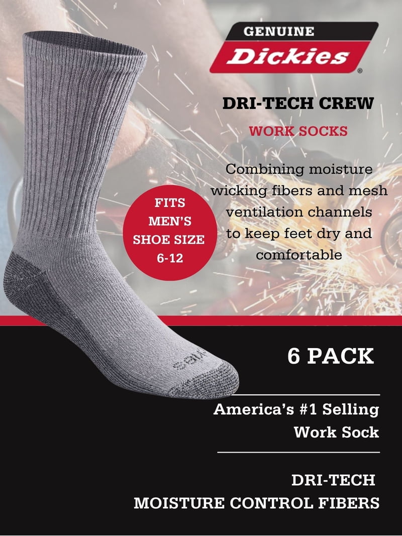 Dickies Men's Dri-Tech Crew Socks 6-Pack Moisture Control Arch
