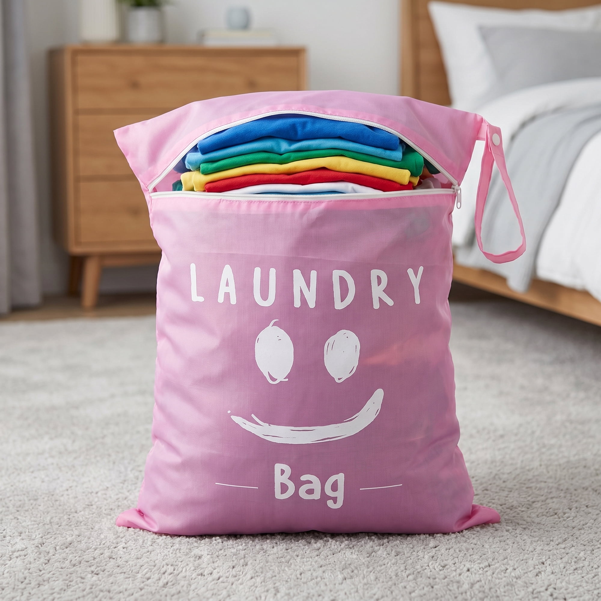 Unique Bargains 2Pcs Oxford Cloth Zipper Mesh Clothes Laundry Bag Pink-White A 15"x18.9"