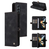 Dteck Case for Samsung Galaxy Z Fold4,Magnetic Leather Card Pocket Case Shockproof Hard PC Bumper Kickstand Wallet Cover,Black