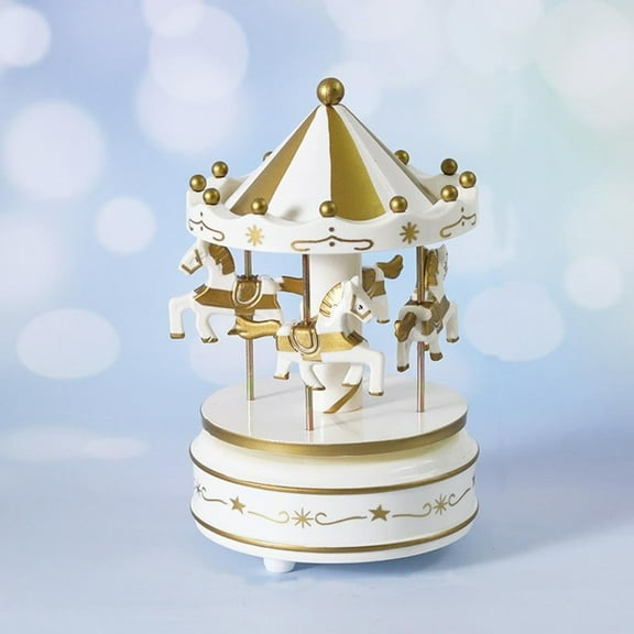 Tyeign teen 4-Horse Carousel Music Box, Gold Wind-Up Rotating Musical Figurine, Classic Birthday Christmas New-Year Gift, Mini Merry-Go-Round Decoration, Rotating Music Box*1