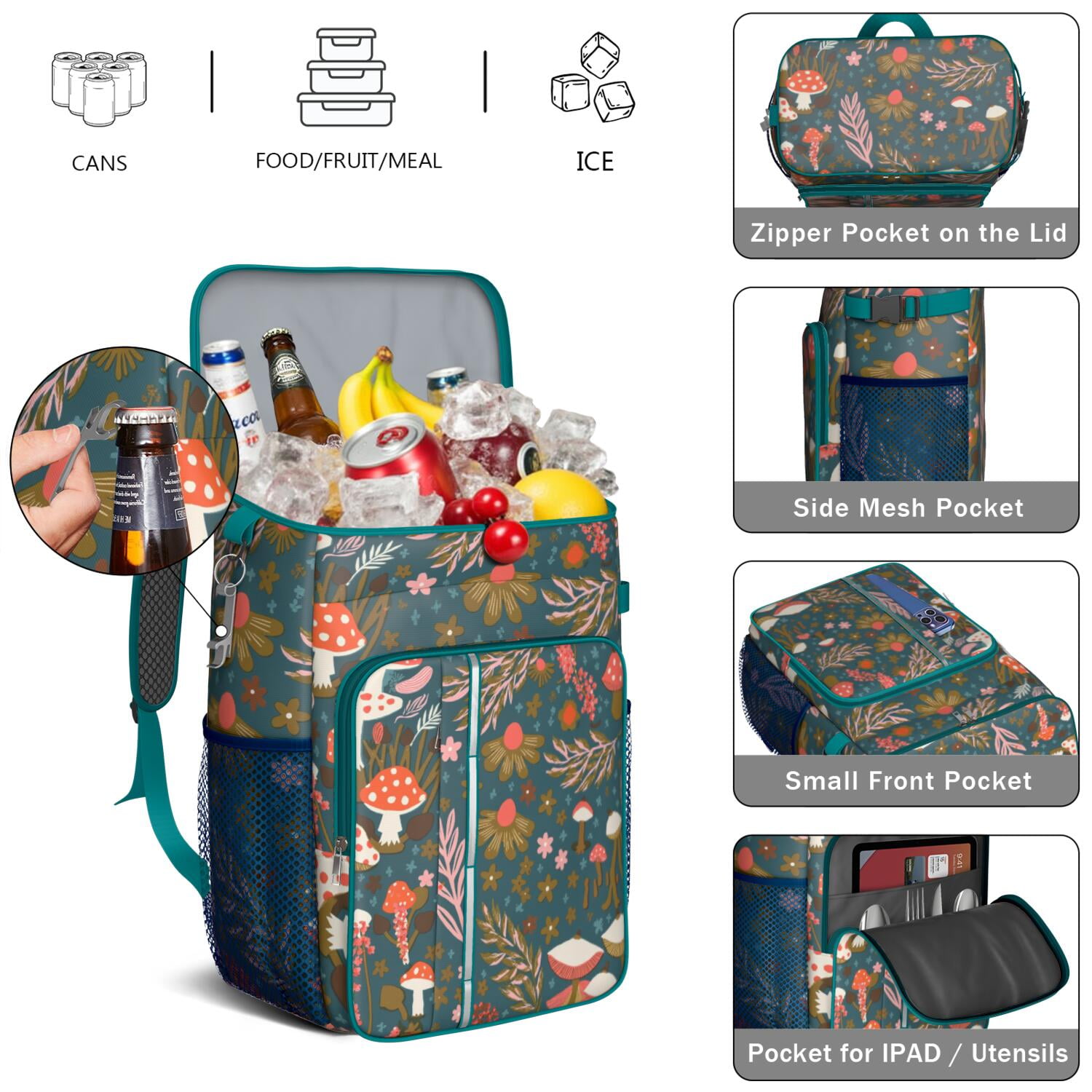 Backpack Cooler,Insulated Backpack Insulated Leak Proof Travel Cooler Bag Waterproof Lunch Picnic Beach Work Trip Thermal Bag Drink Beverage Beer Bag Cooler Mushroom