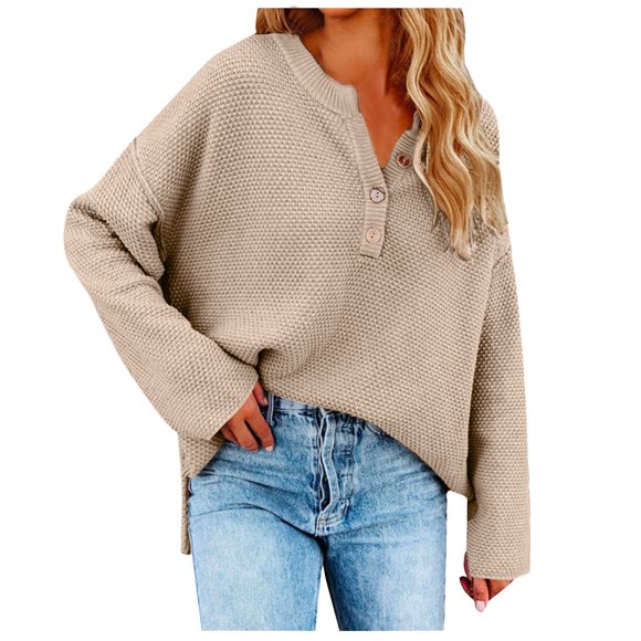 Women's Tops Sale Clearance! Women's Oversized Sweaters Batwing Long Sleeve Loose V Neck Button Henley Tops Pullover Knit Jumper Khaki XL