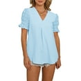 thumbnail image 5 of Seyurigaoka Women Fashion Wild Chiffon Shirts Solid Color Swiss Dot Short Sleeve V-Neck Blouses Summer Casual Loose Tops, 5 of 7