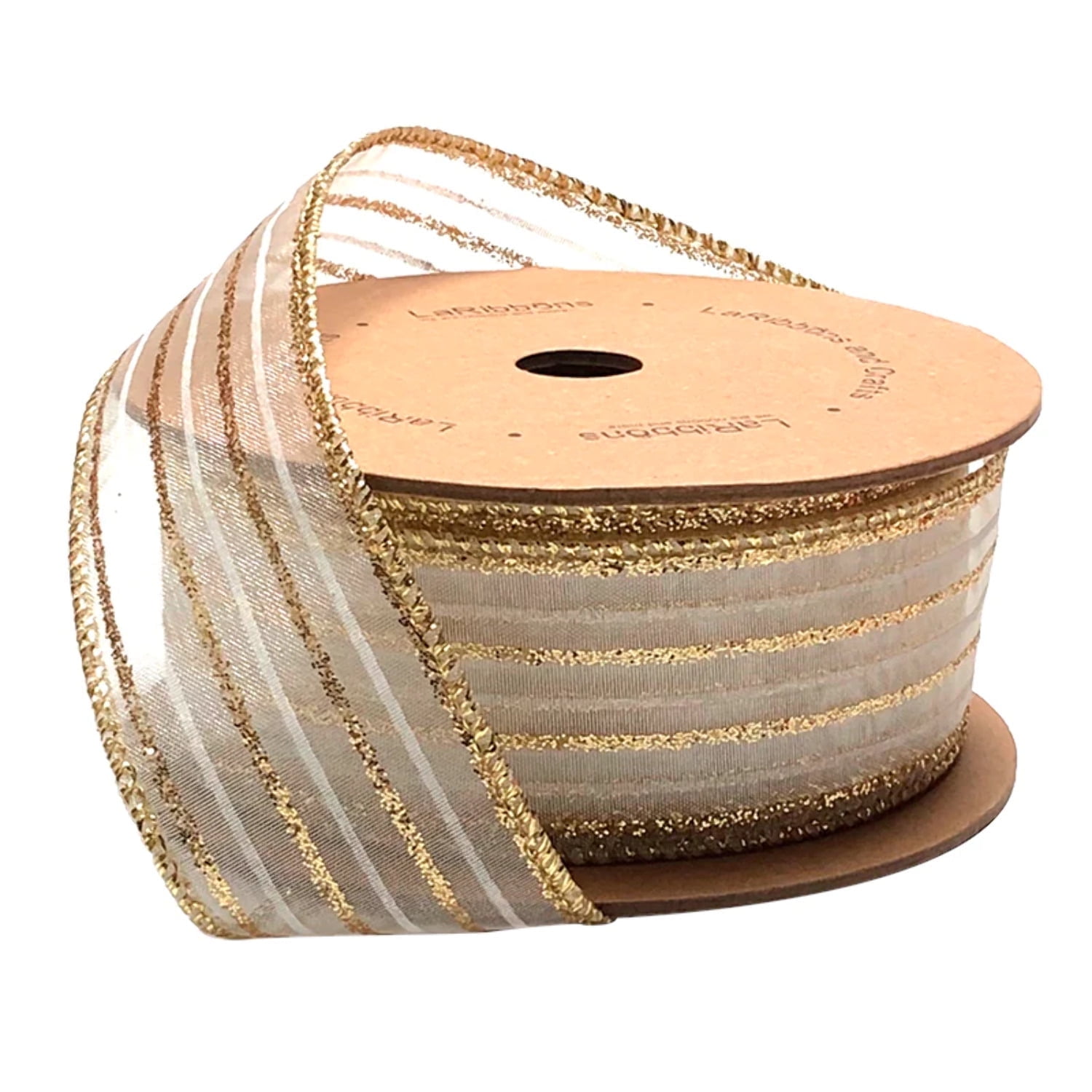 LaRibbons 1 1/2" Wired Ribbon | "Glitter Striped" White/Gold | 10 Yard Roll