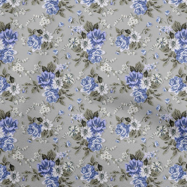 oneOone Polyester Spandex Medium Blue Fabric Floral Retro Sewing Material Print Fabric By The Yard 56 Inch Wide