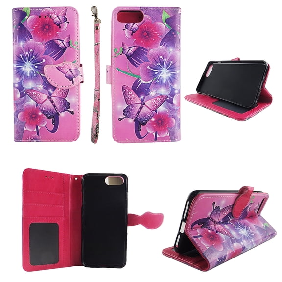 Butterfly Flower Pink Wallet Folio Case for Iphone 7 7s Plus Fashion Flip PU Leather Cover Card Cash Slots & Sta