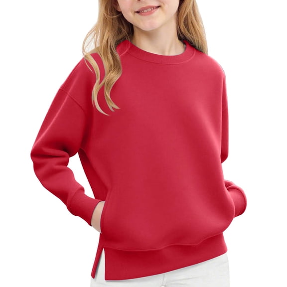 Lenpel Sweatshirts for Girls Long Sleeve Crew Neck Side Split Pullover Sweatshirt Tops Children Casual Sweatshirts with Pockets(Red,13-14 Years)