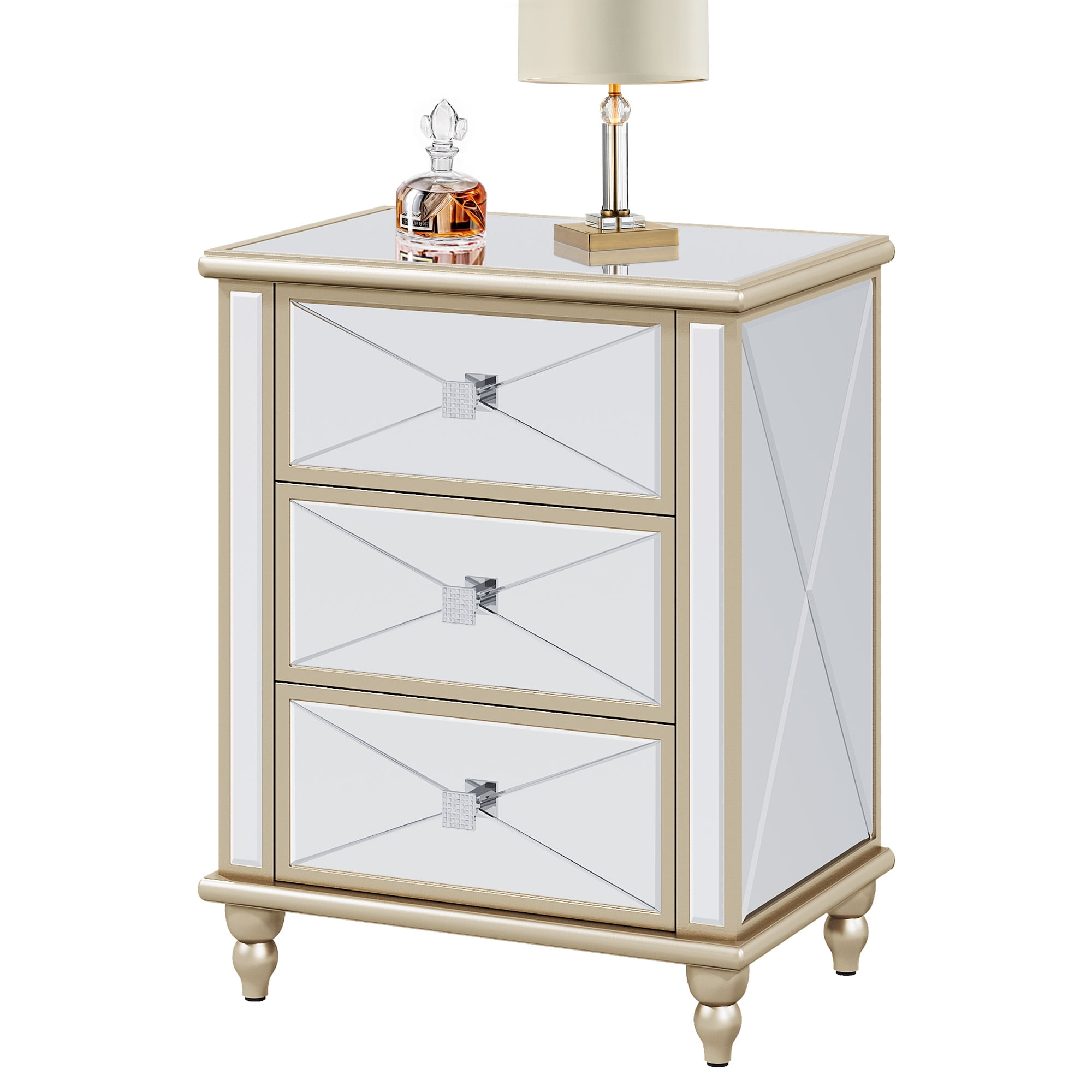 Dextrus Mirrored 3-Drawers Dressers with Wood Legs, Mirrored End Table Nightstand, Gold