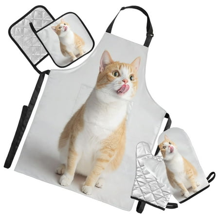 

5-Piece Kitchen Apron Set with Heat-Resistant Gloves & Insulation Mats for Cooking Baking BBQ Cat Sticking Out Their Tongues
