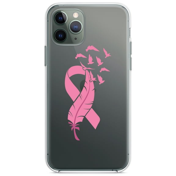 DistinctInk Clear Shockproof Hybrid Case for iPhone 12 MINI (5.4" Screen) - TPU Bumper Acrylic Back Tempered Glass Screen Protector - Pink Ribbon Cancer - Feather Birds