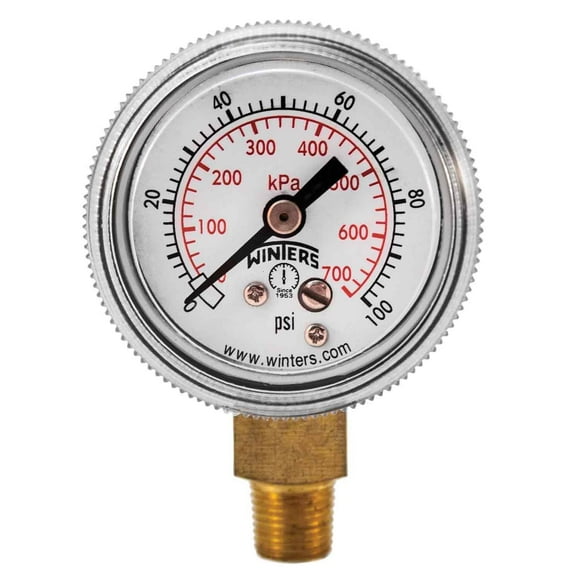 Winters P9S 90 Series Steel Dual Scale Pressure Gauge with Removable Lens, 0-100 psi/kpa, 1-1/2" Dial Display, +/-2-1-2% Accuracy, 1/8" NPT Bottom Mount