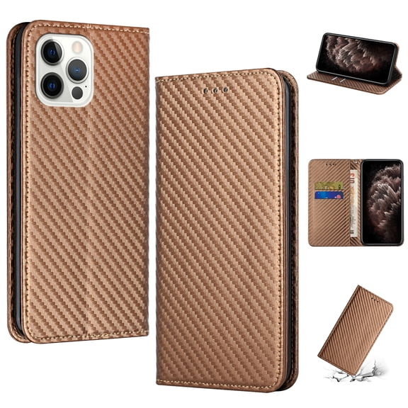SaniMore for iPhone 15 Pro Max Wallet Case, Wrist Strap Magnetic Clasp, Card Slots Carbon Fibre Shockproof TPU Anti-drop Anti-scractch Stand Business Protective Shell for iPhone 15 Pro Max, Brown