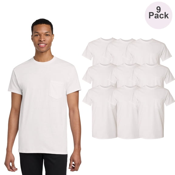 Gildan Men Short Sleeve Pocket T-Shirt, Crew Neck Heavy Cotton Classic Fit Tee, White, 9 Pack, S