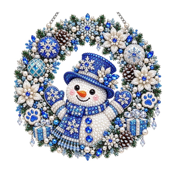 Blue and Silver Snowman Front Door Wreath, Jeweled Winter Wreath with Snowflakes Poinsettias and Ornaments, Christmas Wall Door Decor