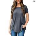 thumbnail image 2 of Femmes T-shirt Couleur Unie Bouton Rond Manches Courtes Chemisier Col Rond Manches Courtes, Gris, M, 2 of 5