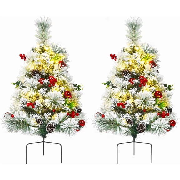 25.1in Artificial Christmas Trees Set of 2 Pre-Lit Mini Christmas Trees with 30 LED Lights, Bright Ball, Pine, Berries for Indoor Outdoor Decor