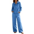 thumbnail image 2 of Women Denim Pant Set Collared Long Sleeve Pullover Tops Wide Leg Jeans with Pocket Loose Fitting Casual Vacation 2 Piece Outfit Light Blue Women's Long Sleeve Pullover Sweatsuit XL, 2 of 6