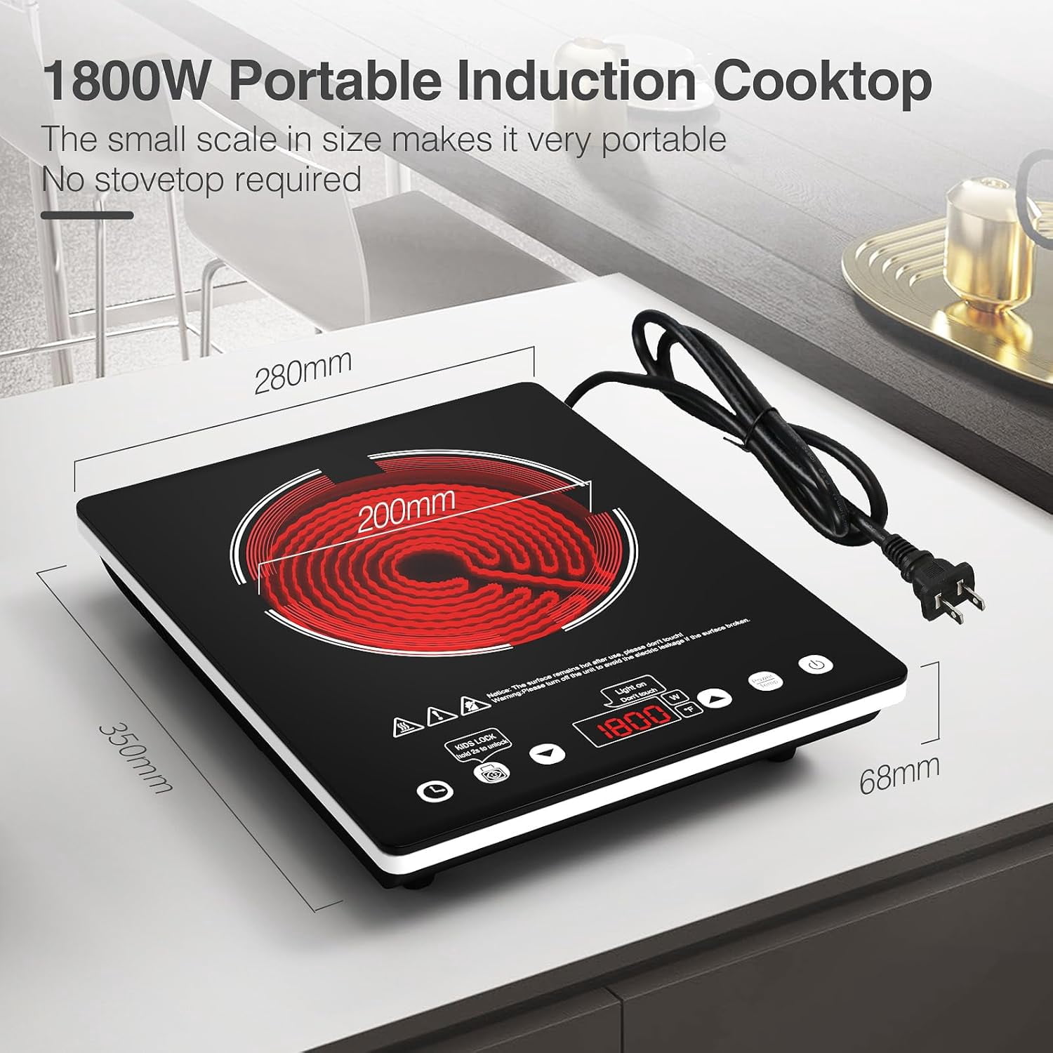 1800W Single Burner Electric Cooktop with Touch Control, 9 Power Levels, Child Lock Timer for Home Camping