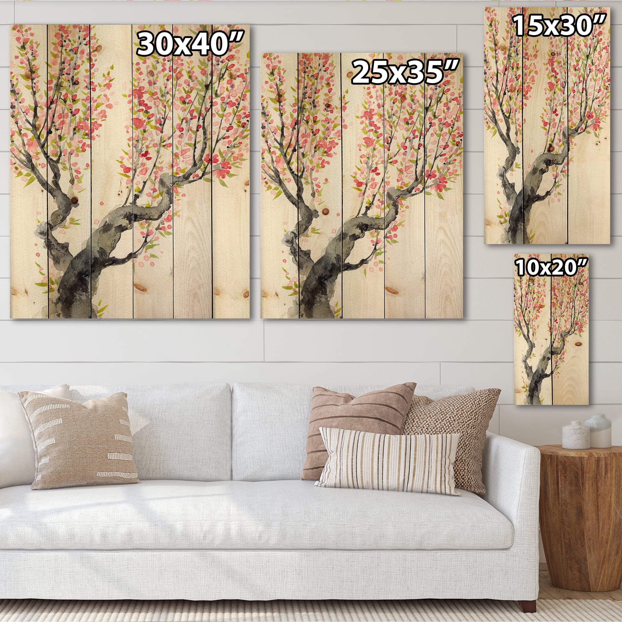Designart 'Red Spring Flowers On Tree Branches' Traditional Print on Natural Pine Wood