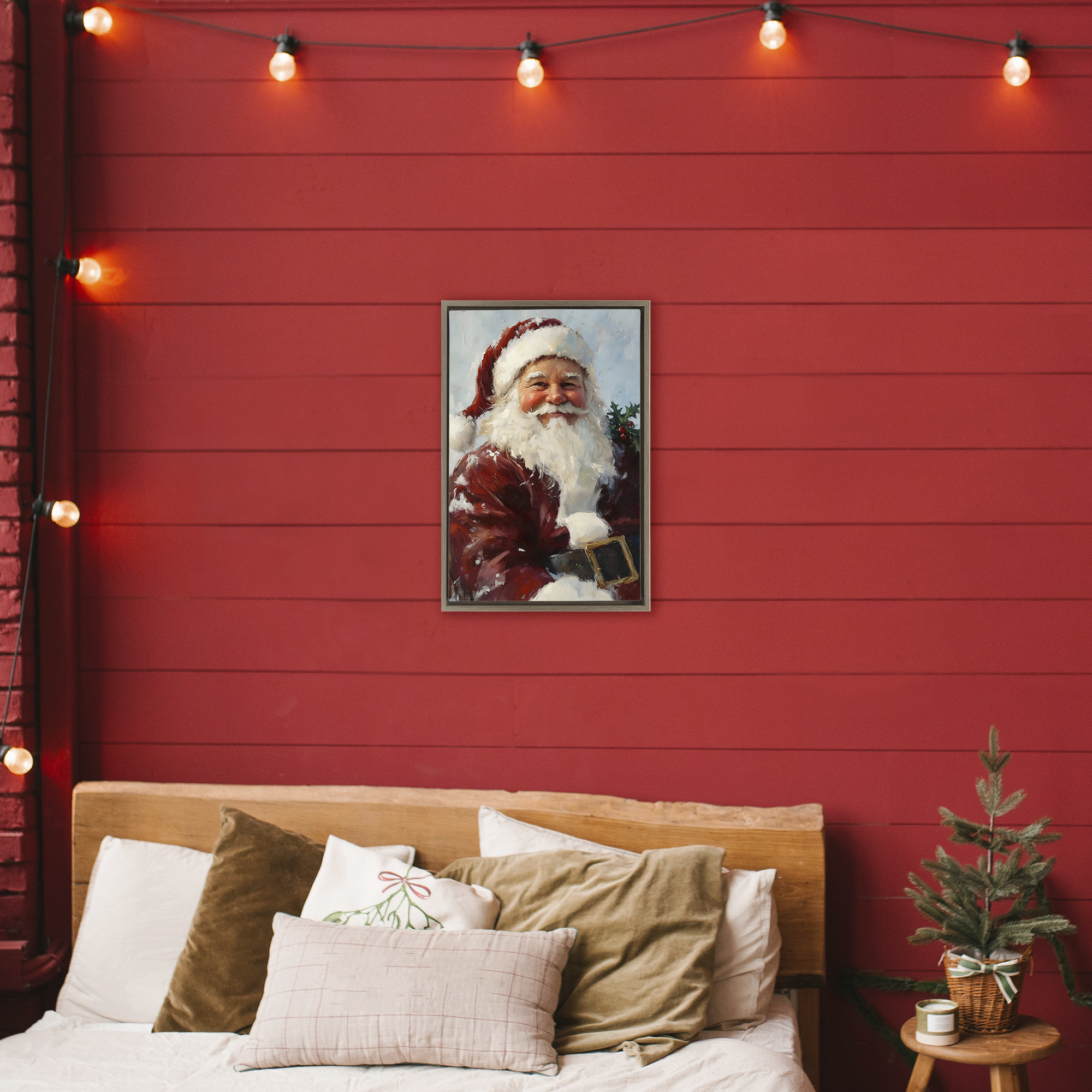 Rosy Cheeked Santa Smile Brown Framed Floater Canvas Wall Art, design by Petal Prints Design