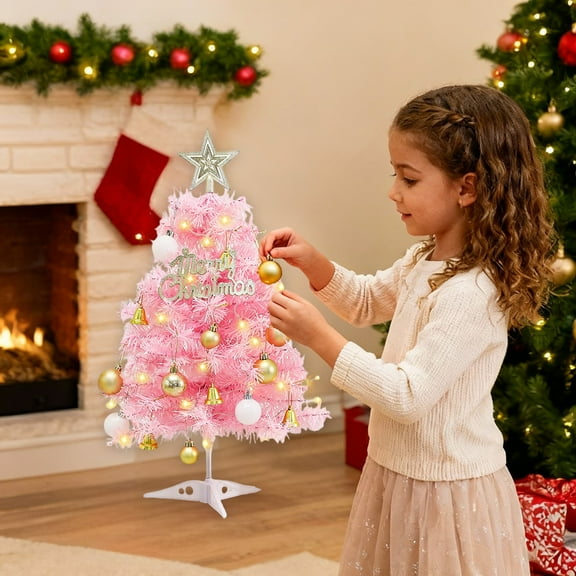 Pink Christmas Tree,Table Top Christmas Tree, Pink Artificial Christmas Tree Mini Small Xmas Tree with Bells,Star Topper and Christmas Ball Ornaments for Holiday Indoor Christmas Decoration Gifts