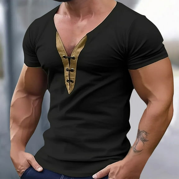 WAENQINLA Men's Henley Shirts Summer Muscle Fit Short Sleeve T-Shirts Casual Deep V Neck Solid Tees Slim Tops,S-3XL