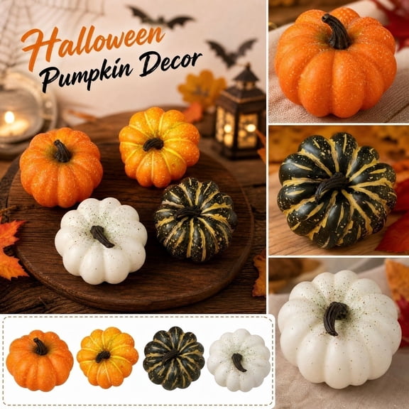 Assorted Faux Pumpkins Set, Fall Pumpkins for Home Decor, Black White and Orange Fake Artificial Pumpkins, Halloween Fall Home Decorations for Indoor Use, 4 Piece 4X3 Inch Decor