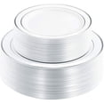 thumbnail image 1 of I00000 102pcs Silver Plastic Plates, Disposable Plastic Party Plates with White Silver Rim Heavy Duty Fancy Wedding Party Plates Include 51 Dinner Plates 10.25" and 51 Dessert Appetizer Plates 7.5", 1 of 6