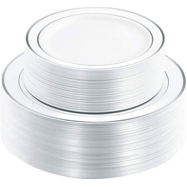 I00000 102pcs Silver Plastic Plates, Disposable Plastic Party Plates with White Silver Rim Heavy Duty Fancy Wedding Party Plates Include 51 Dinner Plates 10.25" and 51 Dessert Appetizer Plates 7.5"