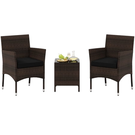 Canddidliike 3 Pieces Outdoor Conversation Set with Cushioned Seat and Glass Tabletop Patio Furniture Set for Outdoor Black