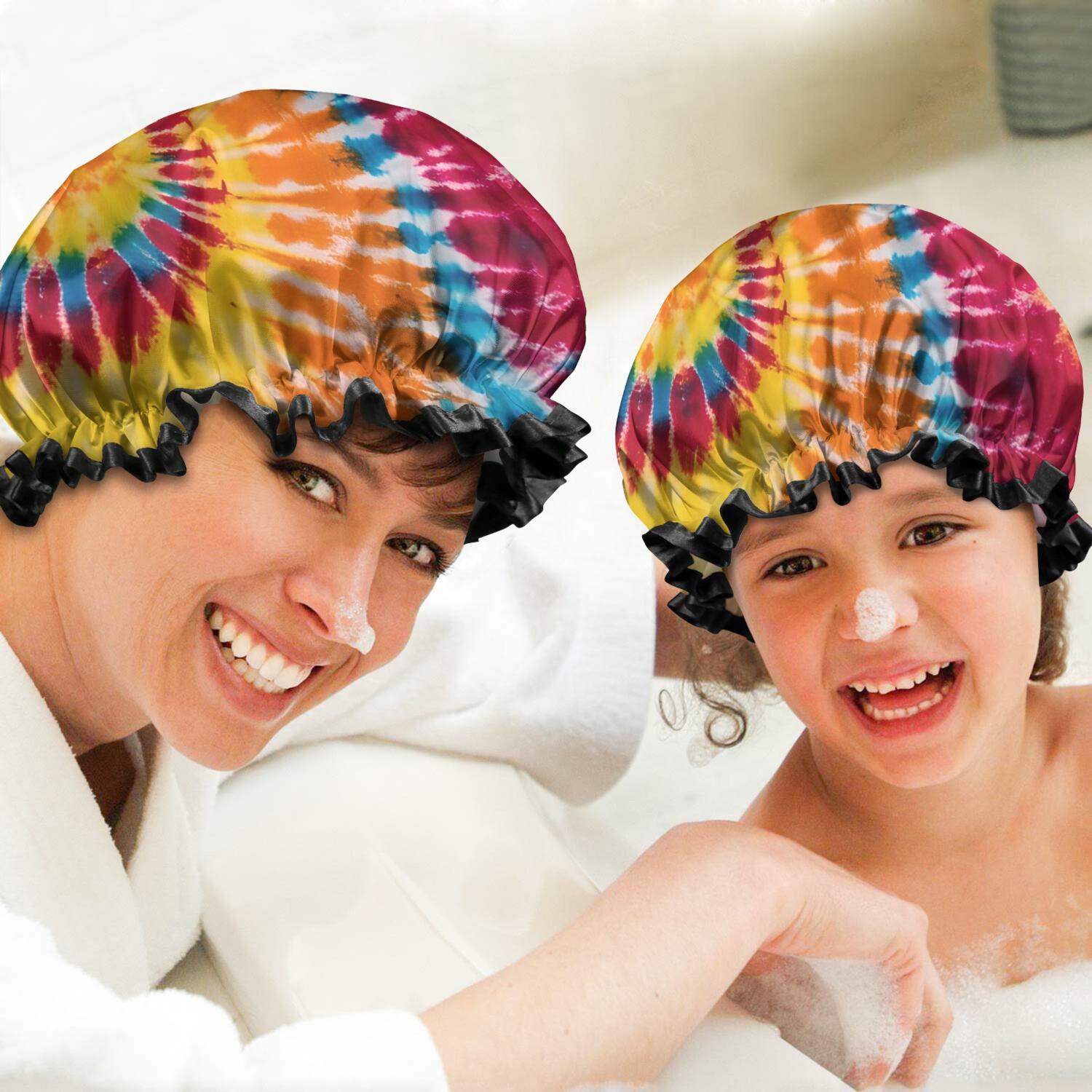 Shower Caps,Colorful Tie Dye Pattern Waterproof Shower Cap for Women 4 Pieces,Double Reusable Hair Cover for Shower PEVA Elastic Stretch Hem
