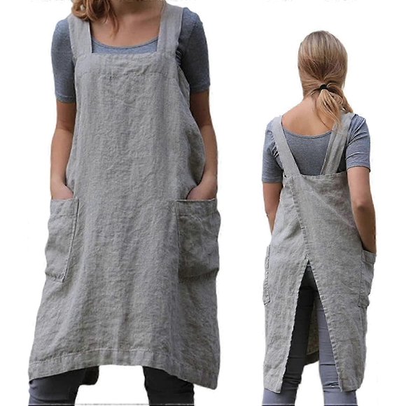 Gardening Apron Women's Cross Back Apron with Pockets Japanese Apron for Work Gardening Cooking Painting Baking