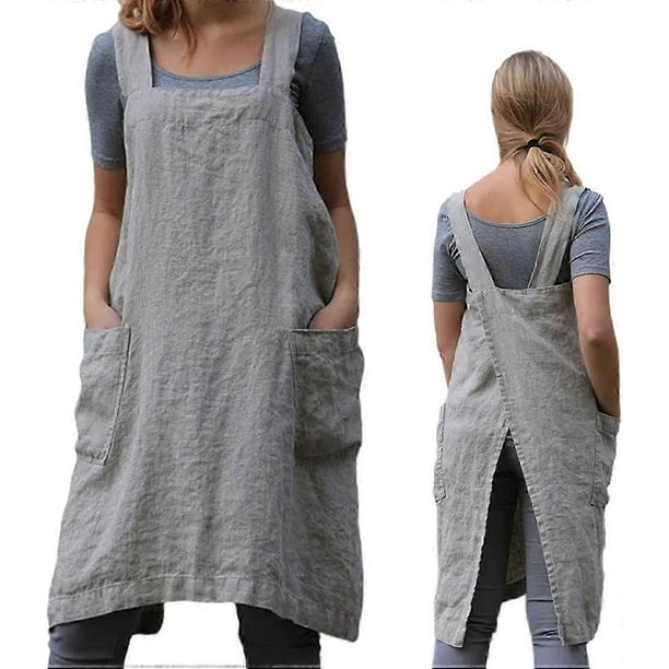 Gardening Apron Women's Cross Back Apron with Pockets Japanese Apron for Work Gardening Cooking Painting Baking