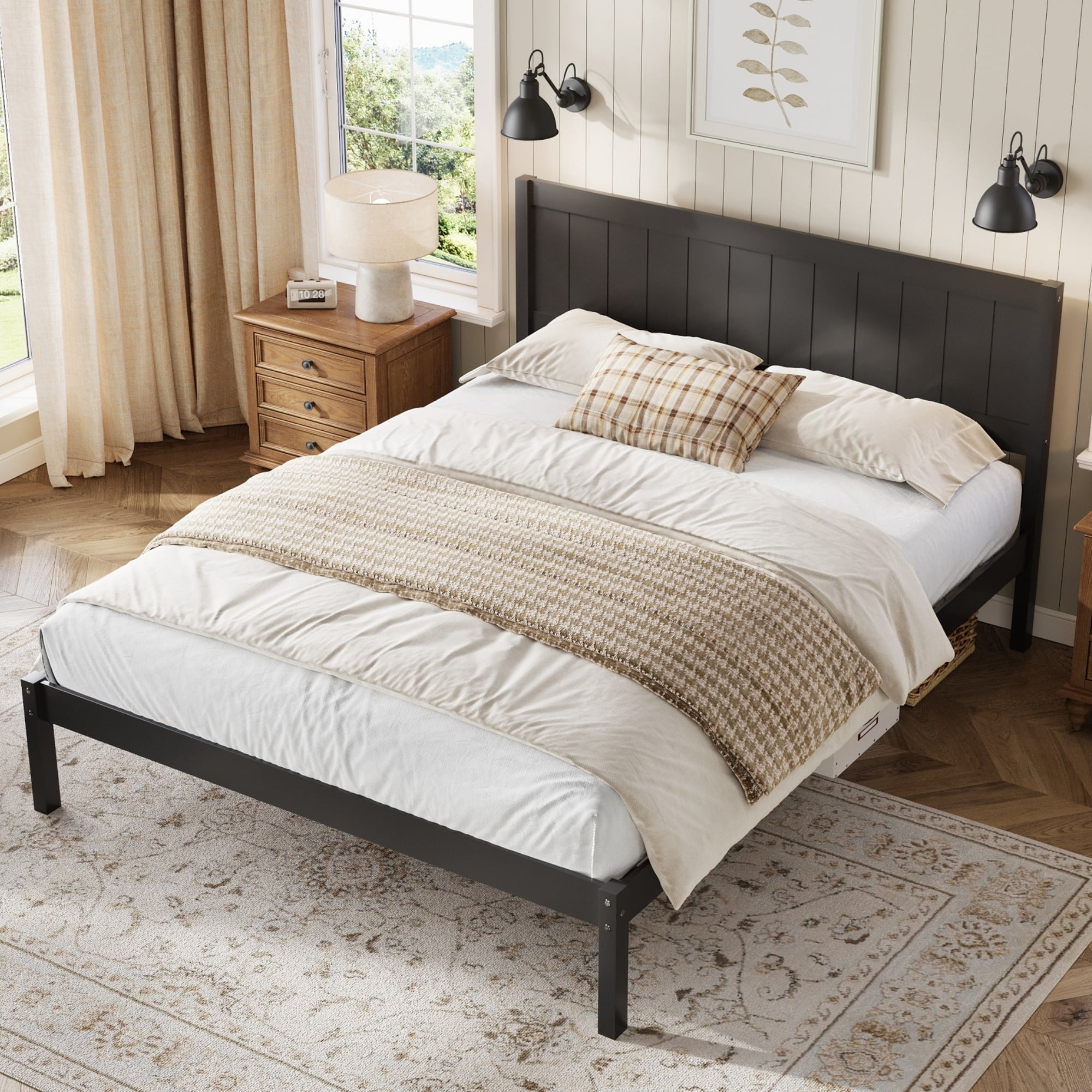 Leumius King Size Platform Bed Frame with Headboard, Wood Slat Support, No Box Spring Needed for Bedroom Guest Room Espresso