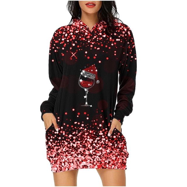 Pisexur Robe de Noël pour Femmes Mode Imprimé Verres de Vin Rouge Robe de Fête Décontractée à Manches Longues avec Capuche Robe d'Automne de Noël Mini Robe avec Poches