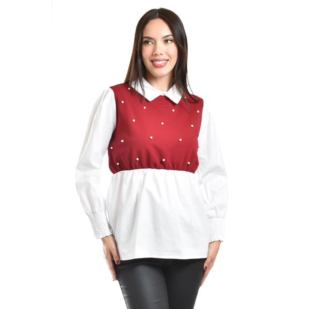 Blusa con chaleco de perlas Roman Fashion /Juvenil, 5102 (Blanco / Vino) vino G