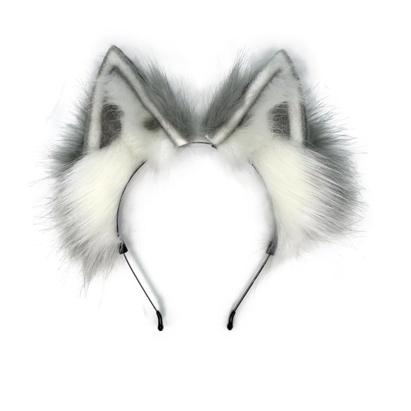 CoFoWo Diadema con orejas de lobo y gato, orejas peludas, orejas de lobo, disfraz de Halloween, Navidad, cosplay de animales (gris blanco)