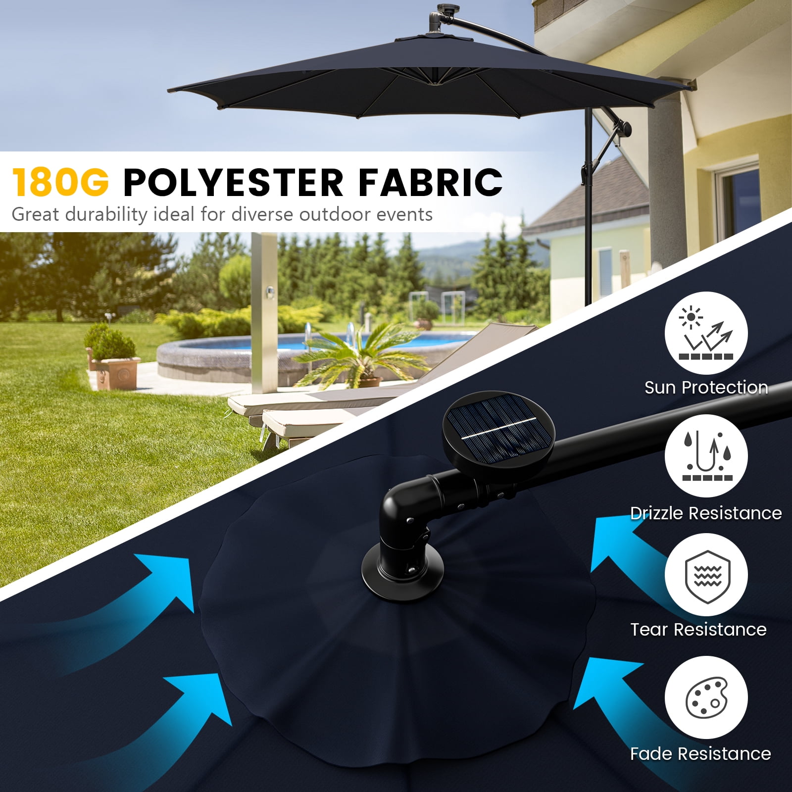 Topbuy 10FT Solar Offset Umbrella Tilted Cantilever Umbrella with 112 LED Lights Lighted Patio Sun Shade with Crank Handle Navy