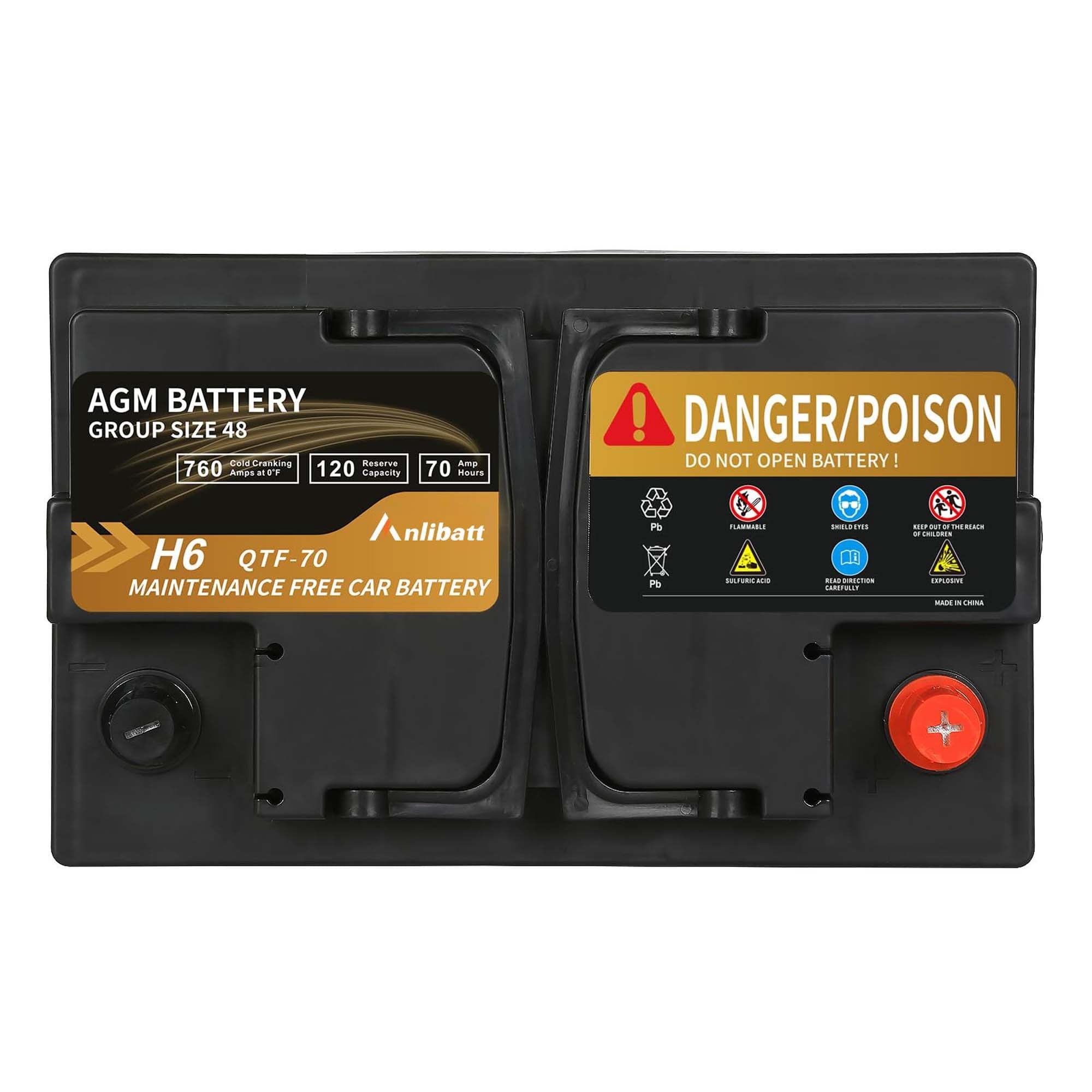 Anlibatt Car AGM Battery Group Size 48 H6 Start Stop Battery 12V 70Ah 760CCA Maintenance Free Rechargeable