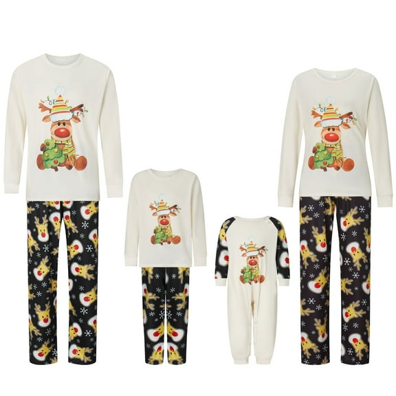 Elippeo Family Matching Christmas Pajamas, Cartoon Reindeer Print Long-Sleeved Tops   Trousers/Romper Sleepwear Outfits