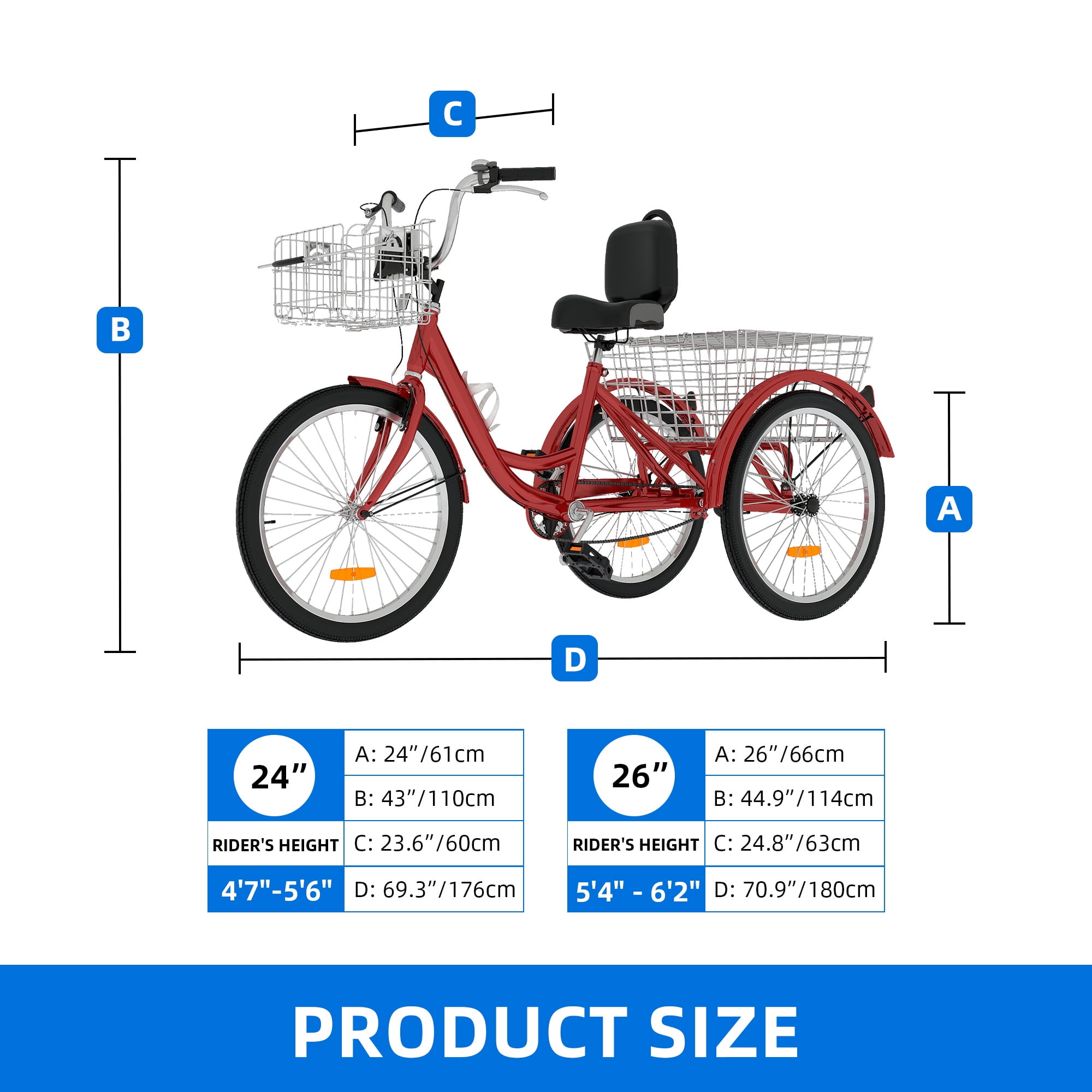 Uforic Adult Tricycle 24 Inch Single Speed Cruiser Trike with Seat Backrest