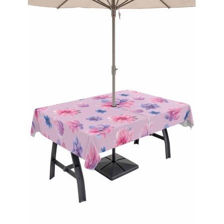 Outdoor Tablecloths with Umbrella Hole & Zipper Spring Floral Tablecloth Rectangle 60x84 Inch Summer Botanical Purple Pink Flower Waterproof Table Cloth Patio/Pool/Picnic Table Covers