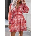 thumbnail image 4 of Womens Spring Summer Deep V Neck Ruffle Long Sleeve Floral Print Mini Dress, 4 of 10
