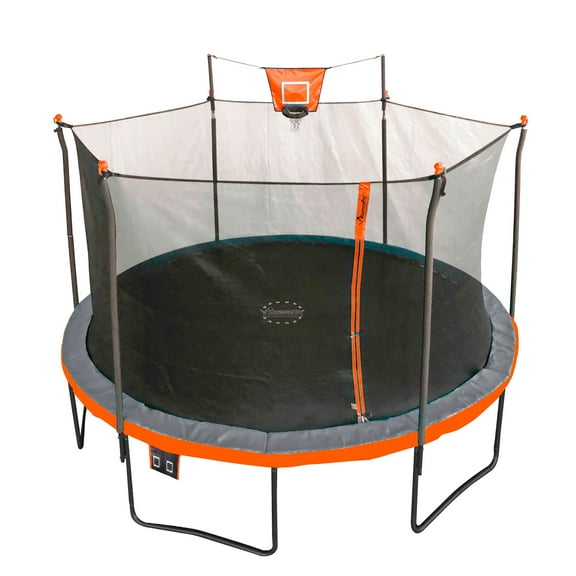 Bounce Pro 15ft Multiplay Trampoline & Enclosure Combo Set with Basketball, Electron Shooter Game, Flash Light Zone, Black Legs & Phone Pouch