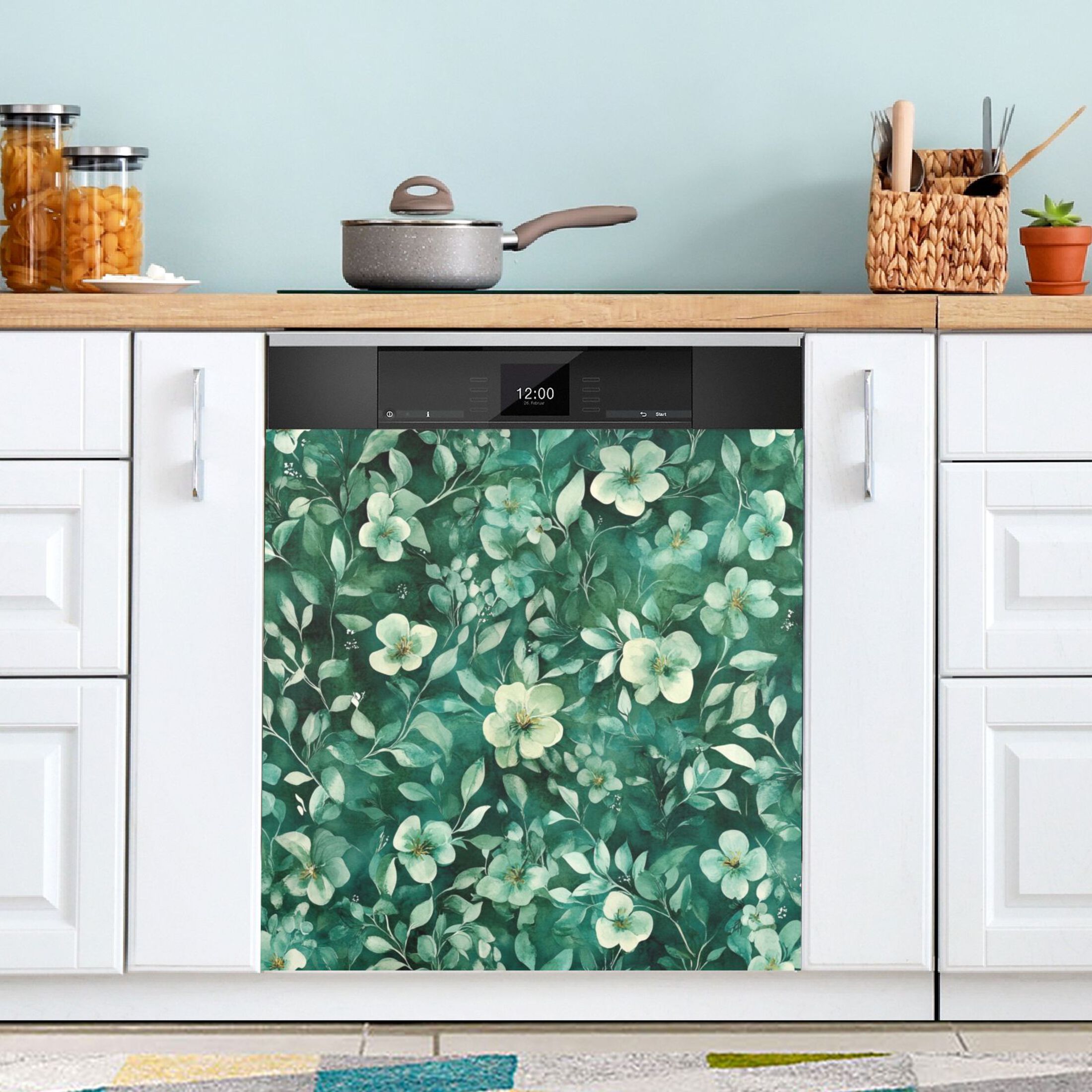 Dishwasher Magnetic Sticker 23x26 Inch Refrigerator Magnetic Sticker Washing Machine Magnetic Sticker Kitchen Panel Magnetic Sticker Home Decor Cartoon Green Flowers Seamless