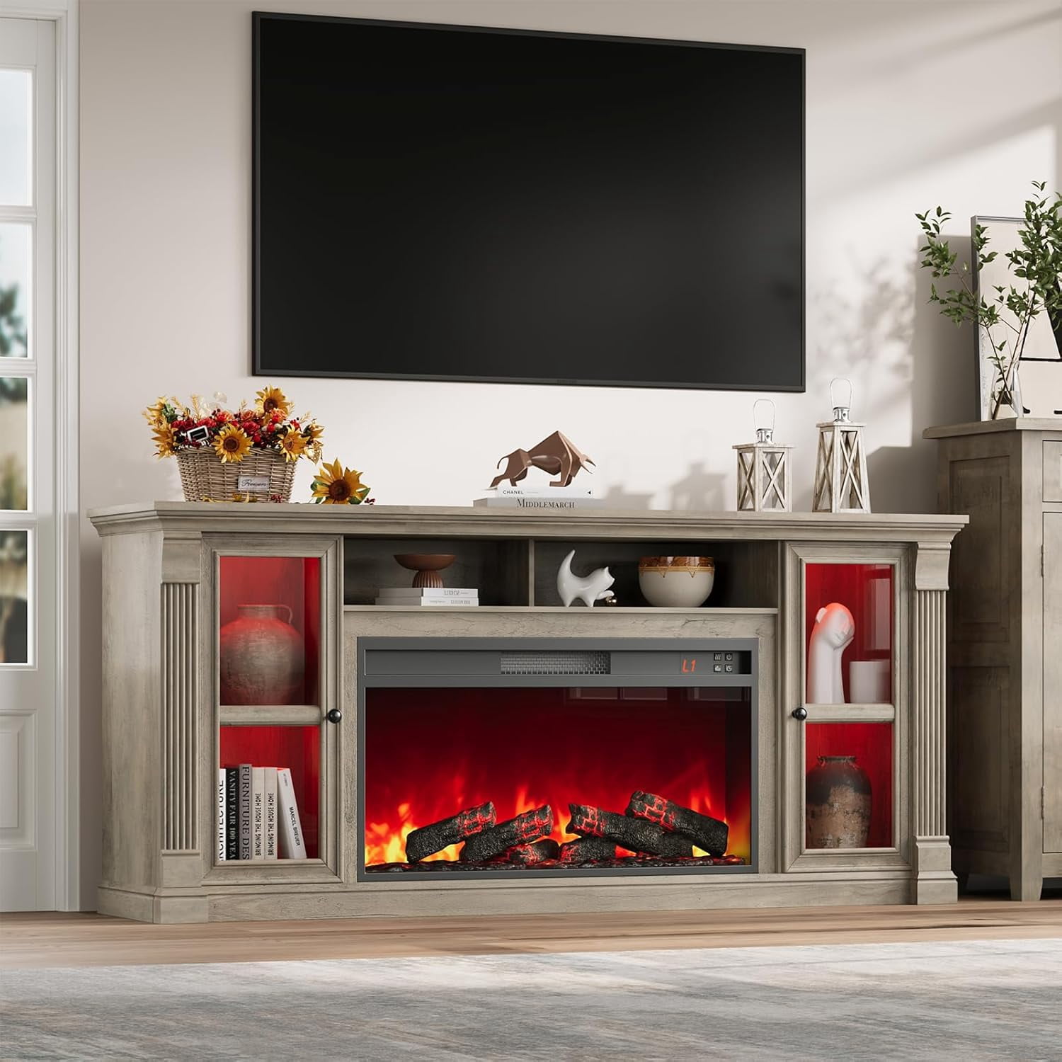 Vecenuy Farmhouse Fireplace TV Stand for 80" TVs, 70" Highboy Entertainment Center w/ 36" Electric Fireplace & LED Lights, Media Console w/ Adjustable Shelves for Living Room Gray